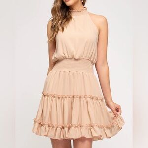 Amazon NWT‎ Taupe Halter Neck Smocked Sleeveless Dress Sz L